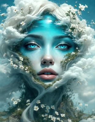 The primary subject of the image is a woman with blue eyes and white hair. She is surrounded by a cloudy background and has a flower in her hair. The visual style of the image is digital art, and the colors and mood are serene and dreamy.